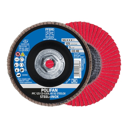 Pferd 5" x 5/8-11 Thd. POLIFAN Flap Disc - CO-COOL SG STEELOX, Ceramic oxide, 40 Grit, Conical 62681